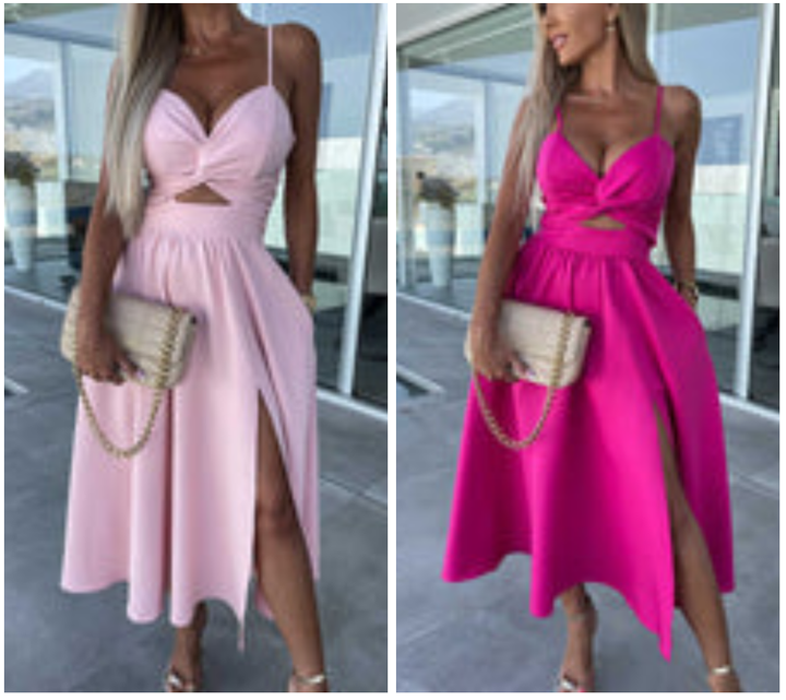 Vanette - Elegantes Midikleid mit schmalen Trägern und Schlitz vorne