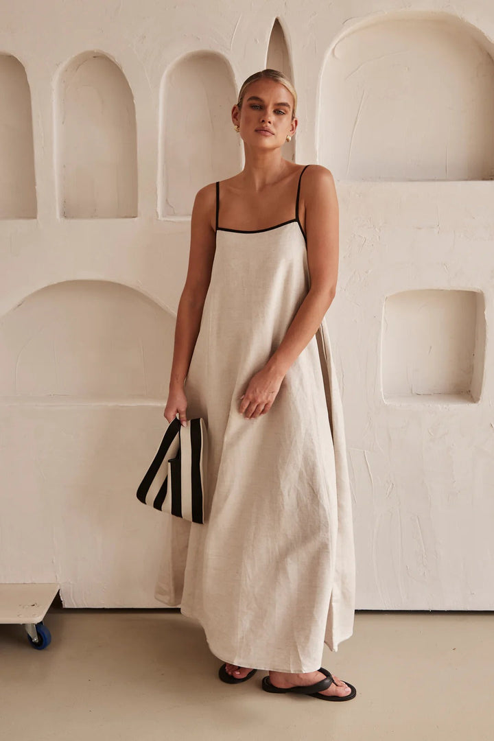 Sophia - Kontrast Leinen Maxikleid