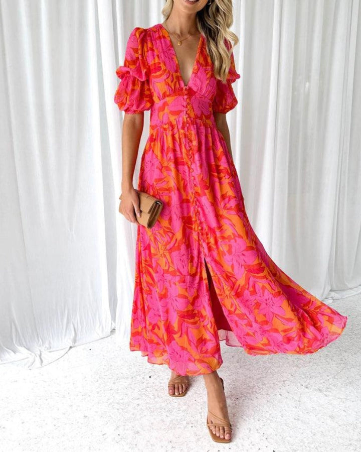 Alva - Elegantes Maxikleid mit V-Ausschnitt und Puffärmeln