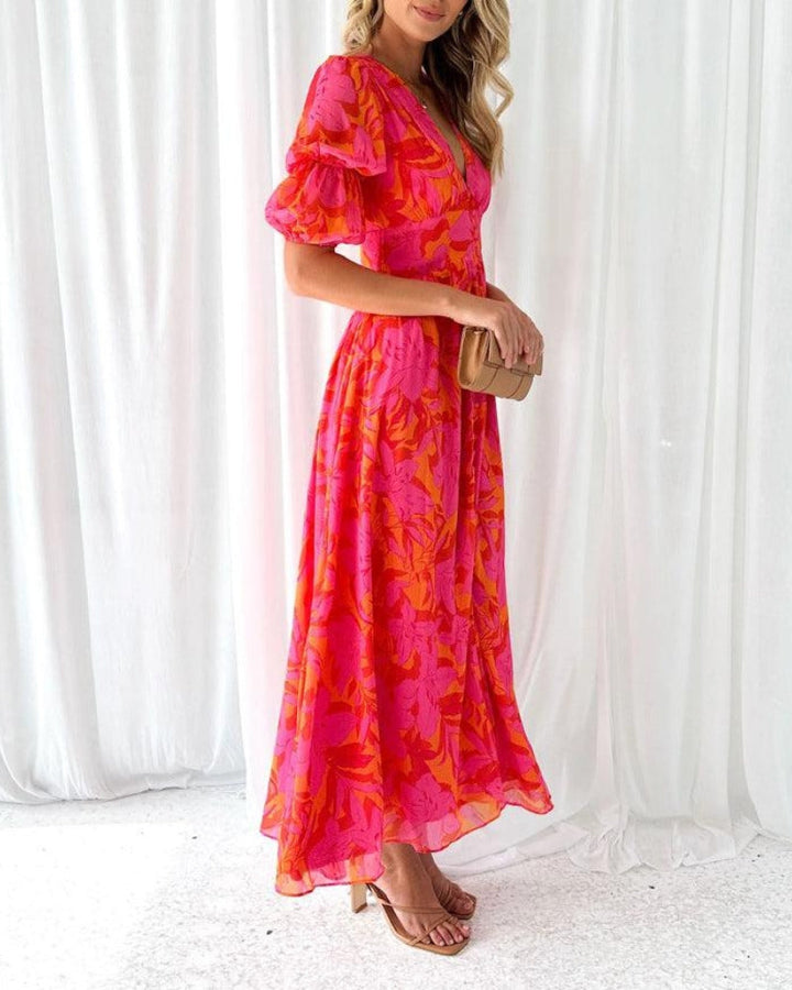 Alva - Elegantes Maxikleid mit V-Ausschnitt und Puffärmeln
