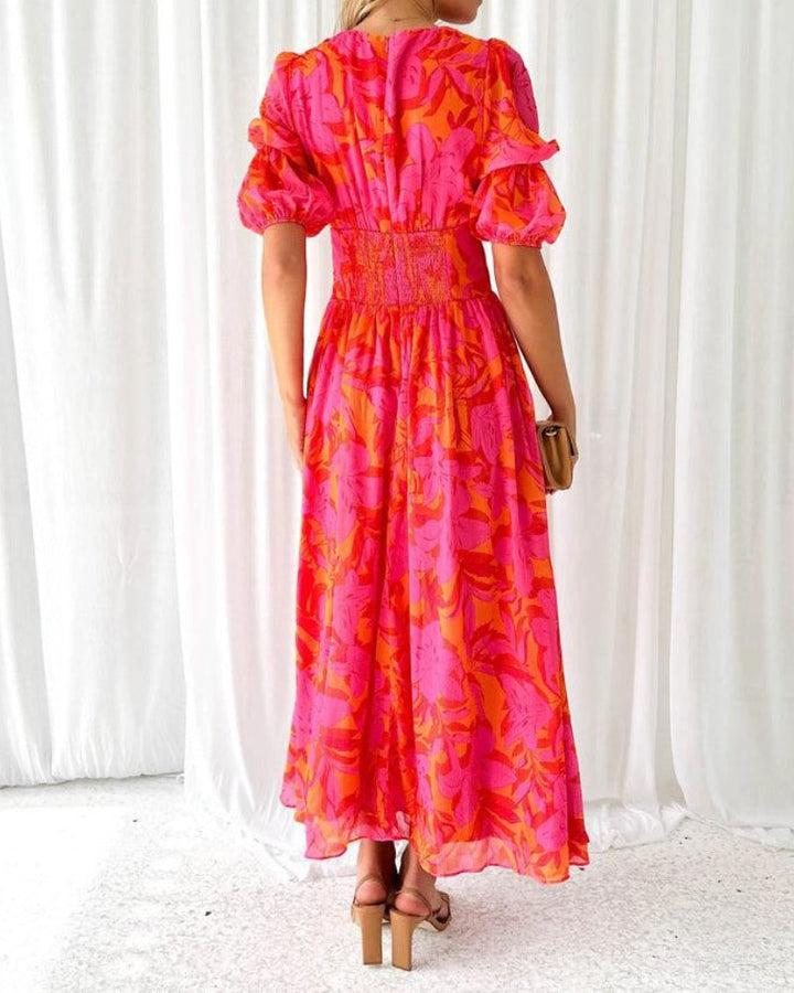 Alva - Elegantes Maxikleid mit V-Ausschnitt und Puffärmeln