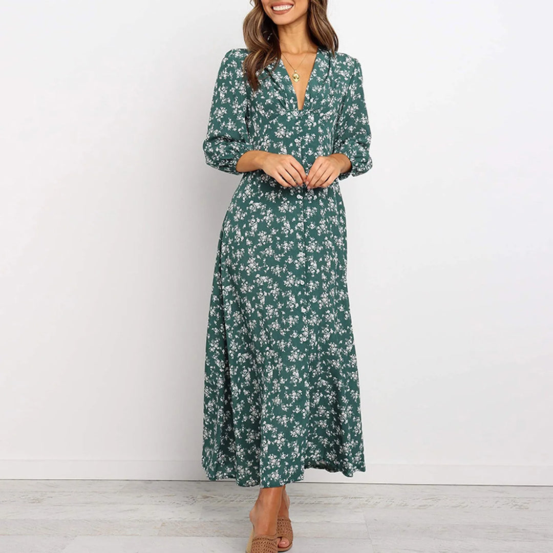 Melina Bohemian Floral Print Langes Kleid