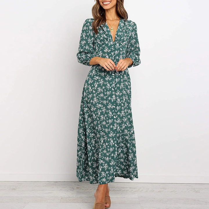 Melina Bohemian Floral Print Langes Kleid