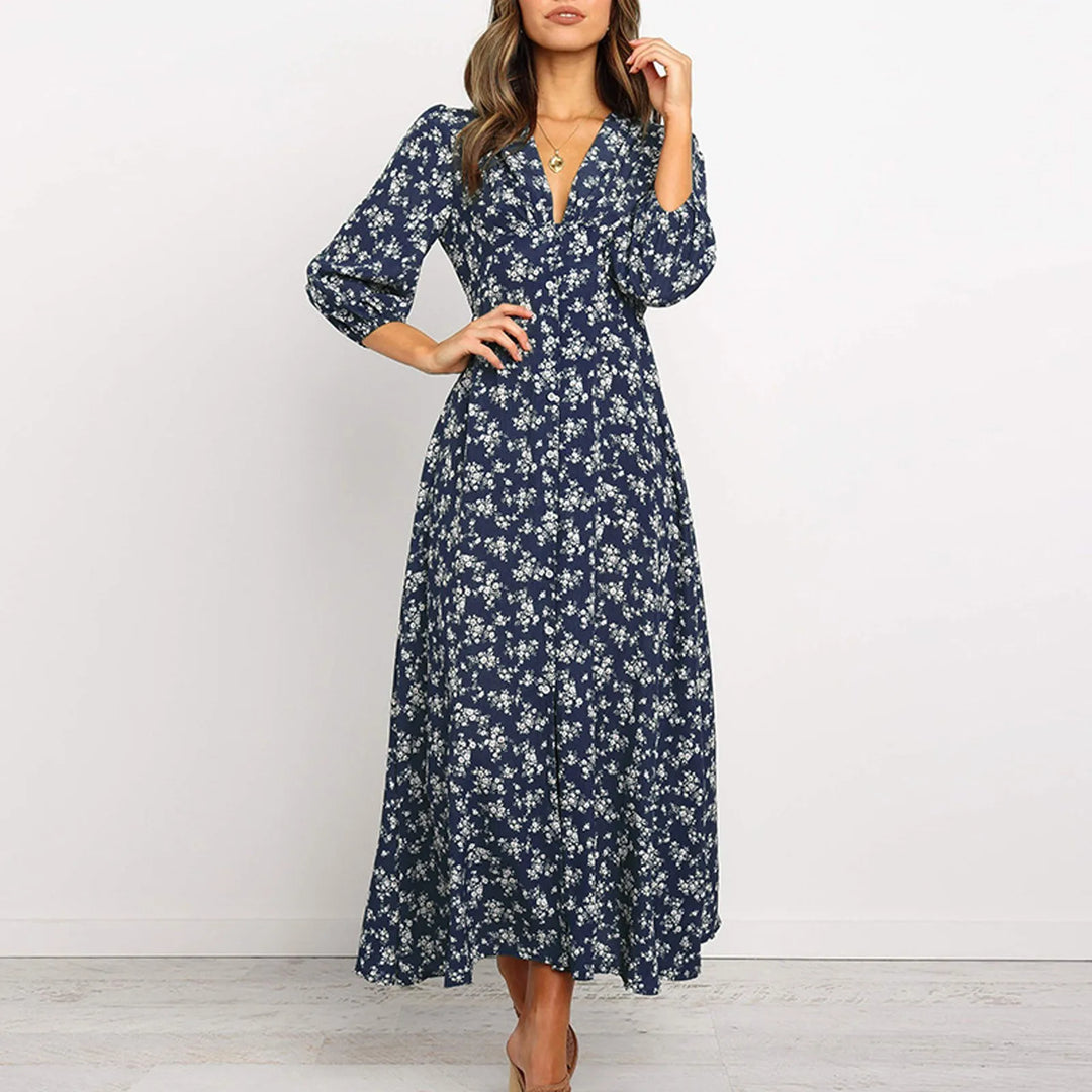 Melina Bohemian Floral Print Langes Kleid