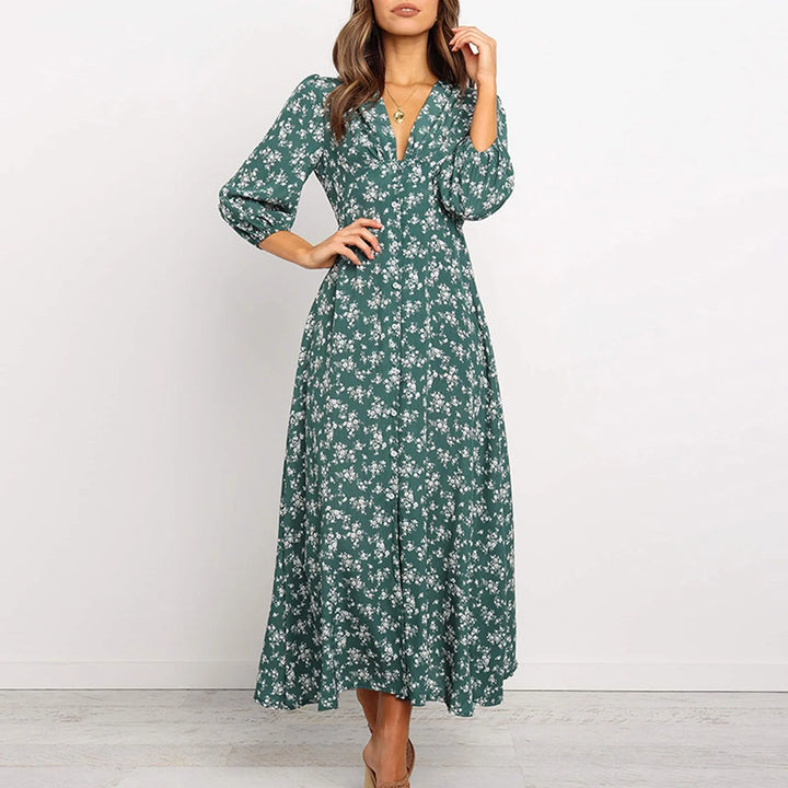 Melina Bohemian Floral Print Langes Kleid