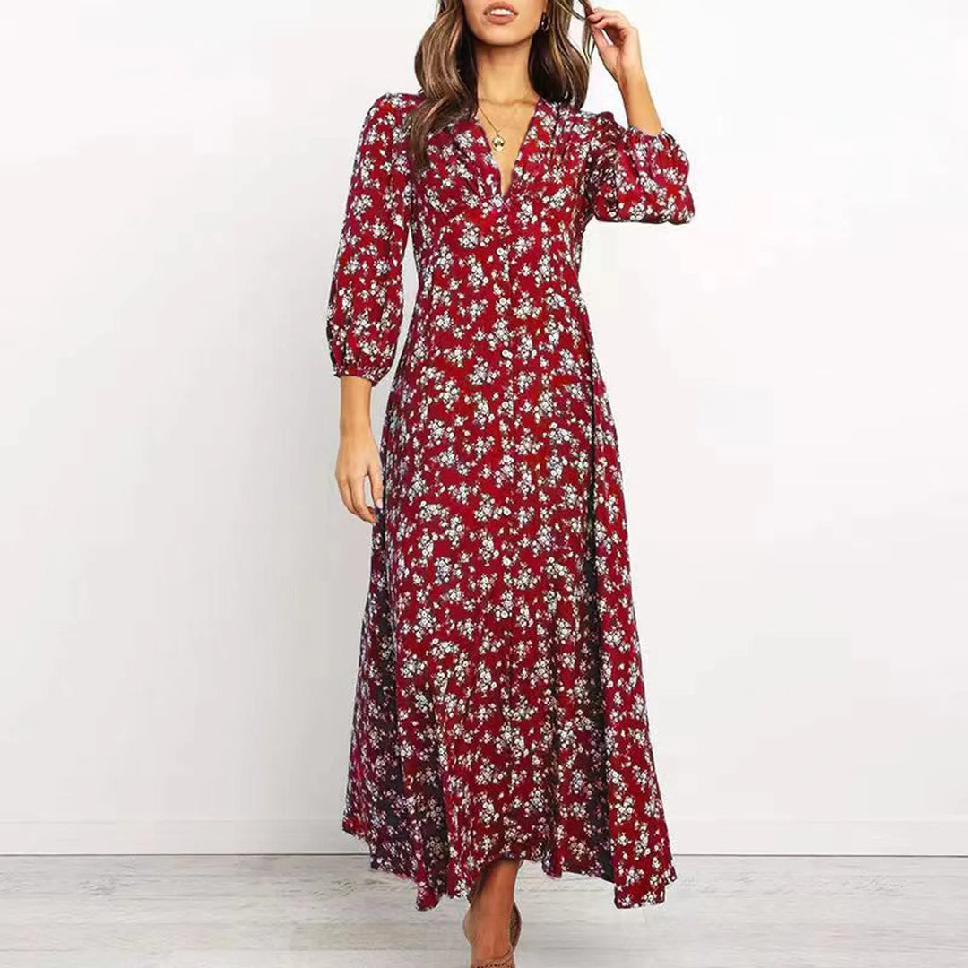 Melina Bohemian Floral Print Langes Kleid
