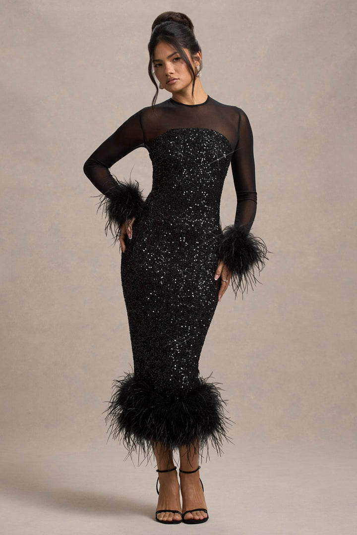 Brand & Belle | Pailletten-Feather Trim Midi-Kleid