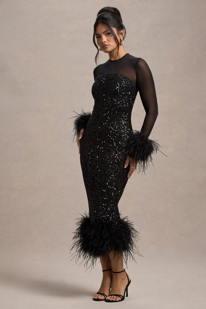 Brand & Belle | Pailletten-Feather Trim Midi-Kleid