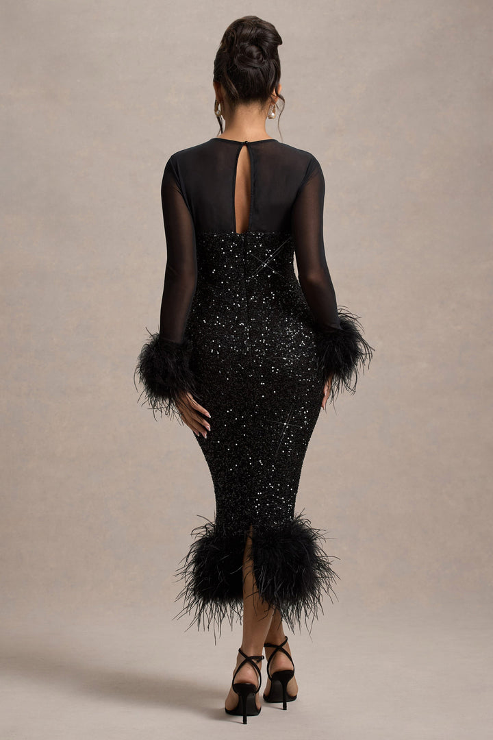 Brand & Belle | Pailletten-Feather Trim Midi-Kleid