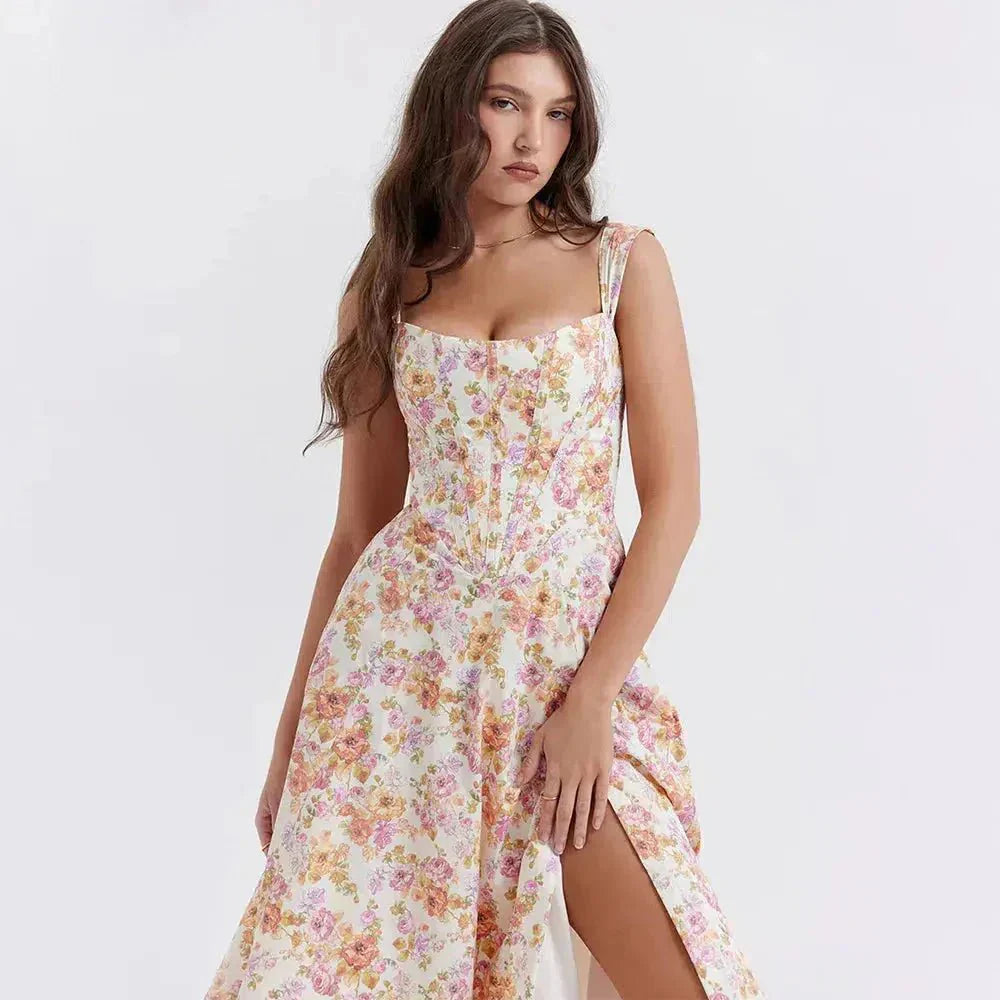 Freya - Blumiges Korsett-Midi-Kleid
