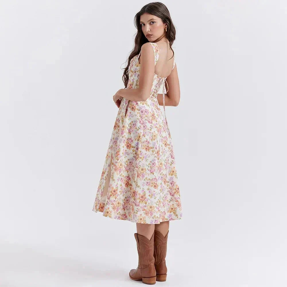 Freya - Blumiges Korsett-Midi-Kleid
