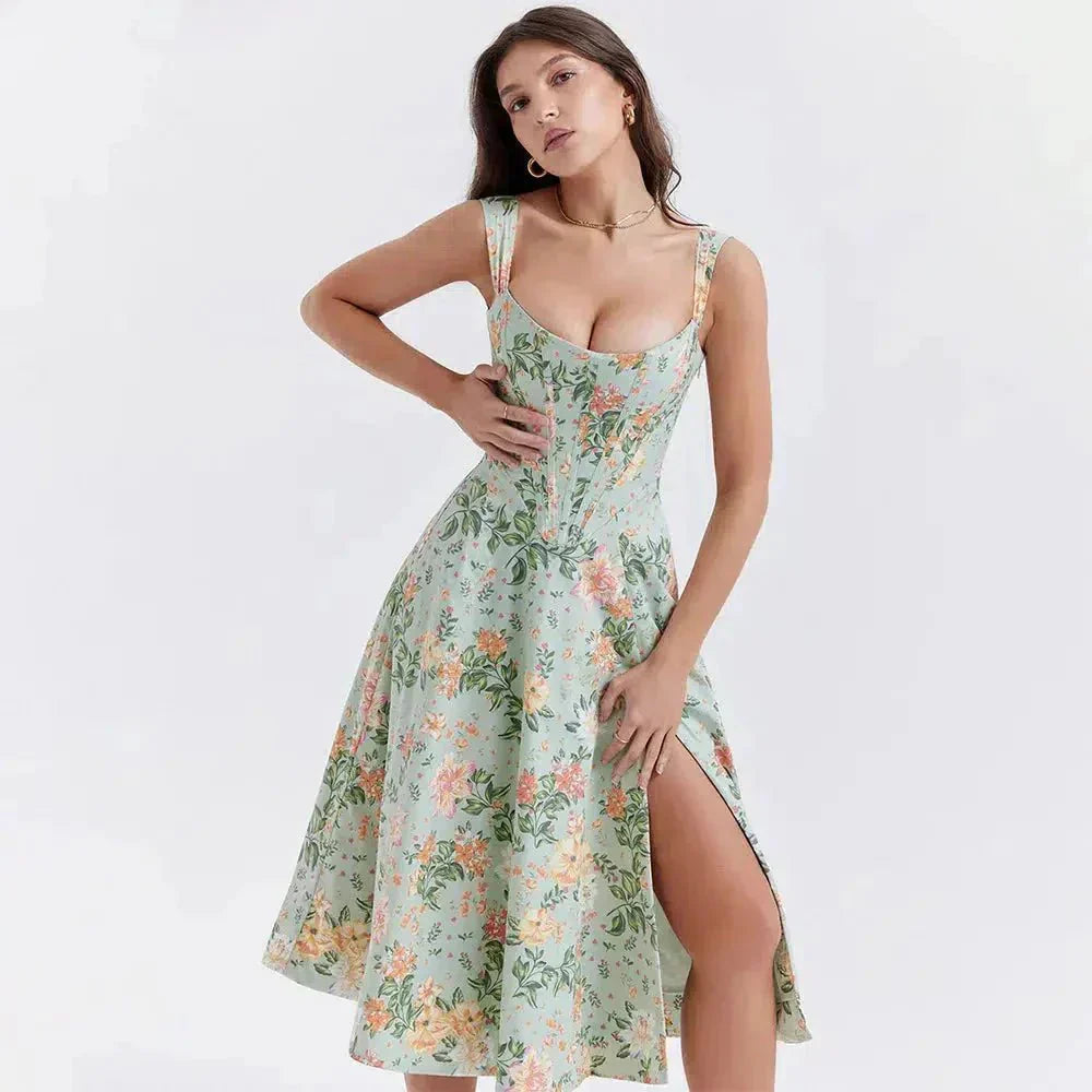 Freya - Blumiges Korsett-Midi-Kleid