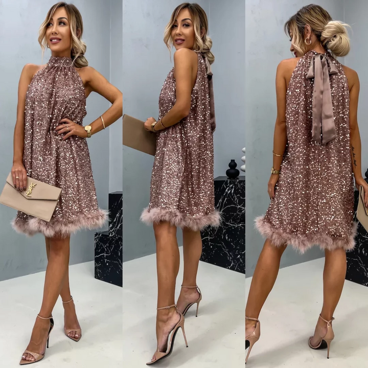 Brand & Belle | Pailletten-Halterkleid mit Federbesatz