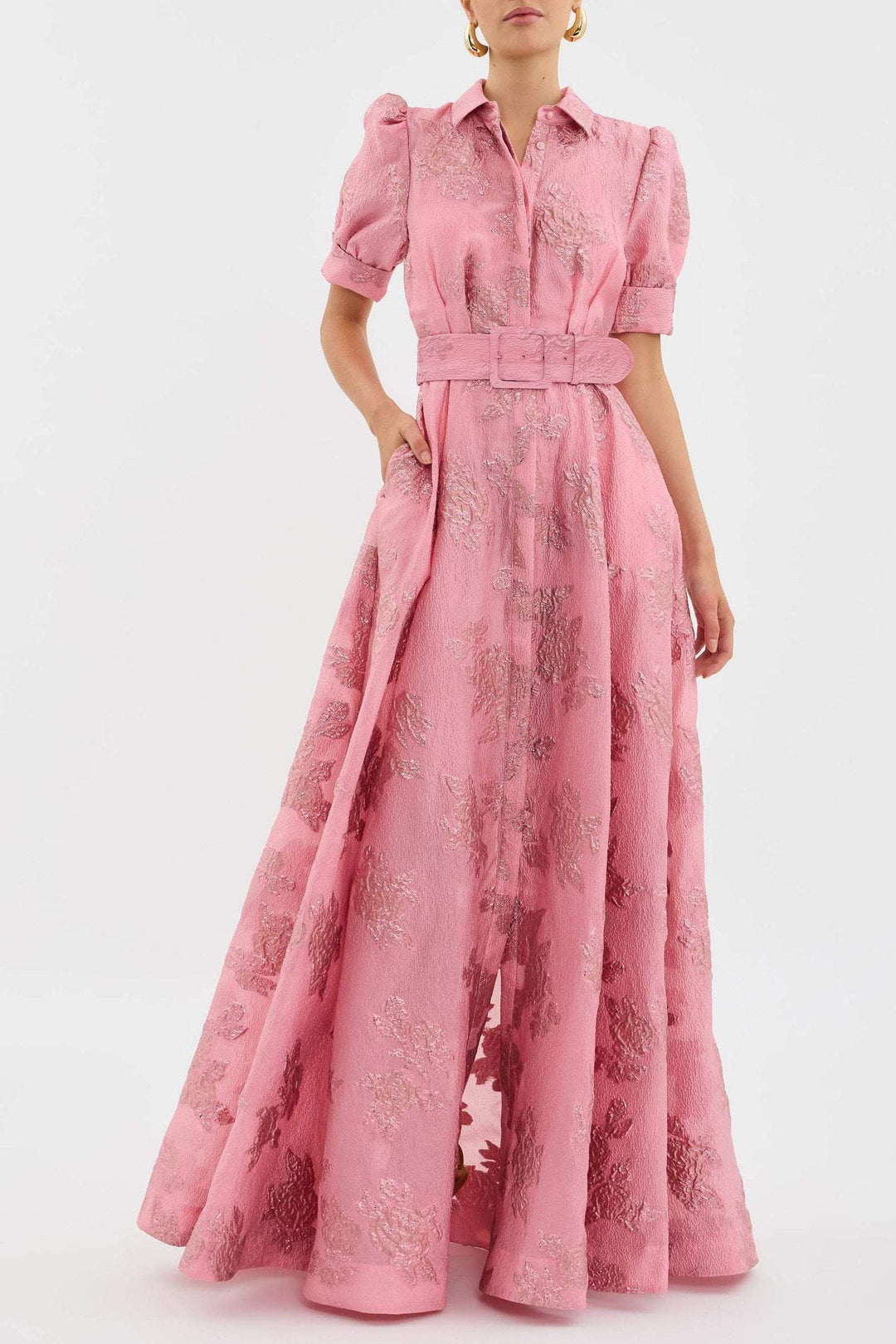 Aven - Retro Rosa Revers Hochtaillenkleid