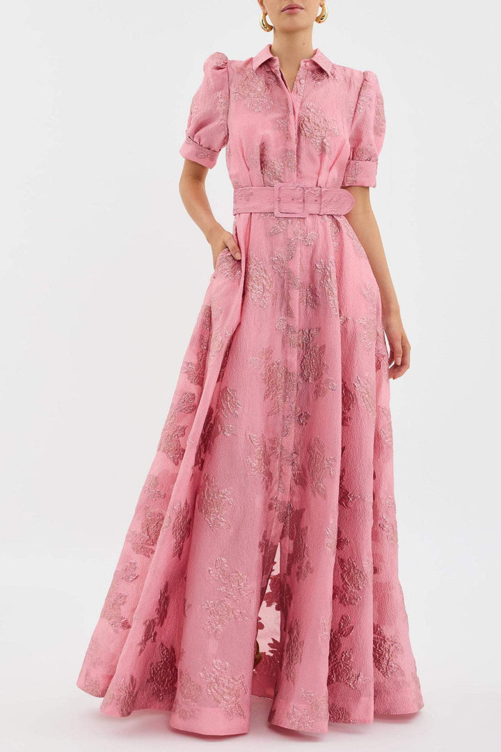 Aven - Retro Rosa Revers Hochtaillenkleid