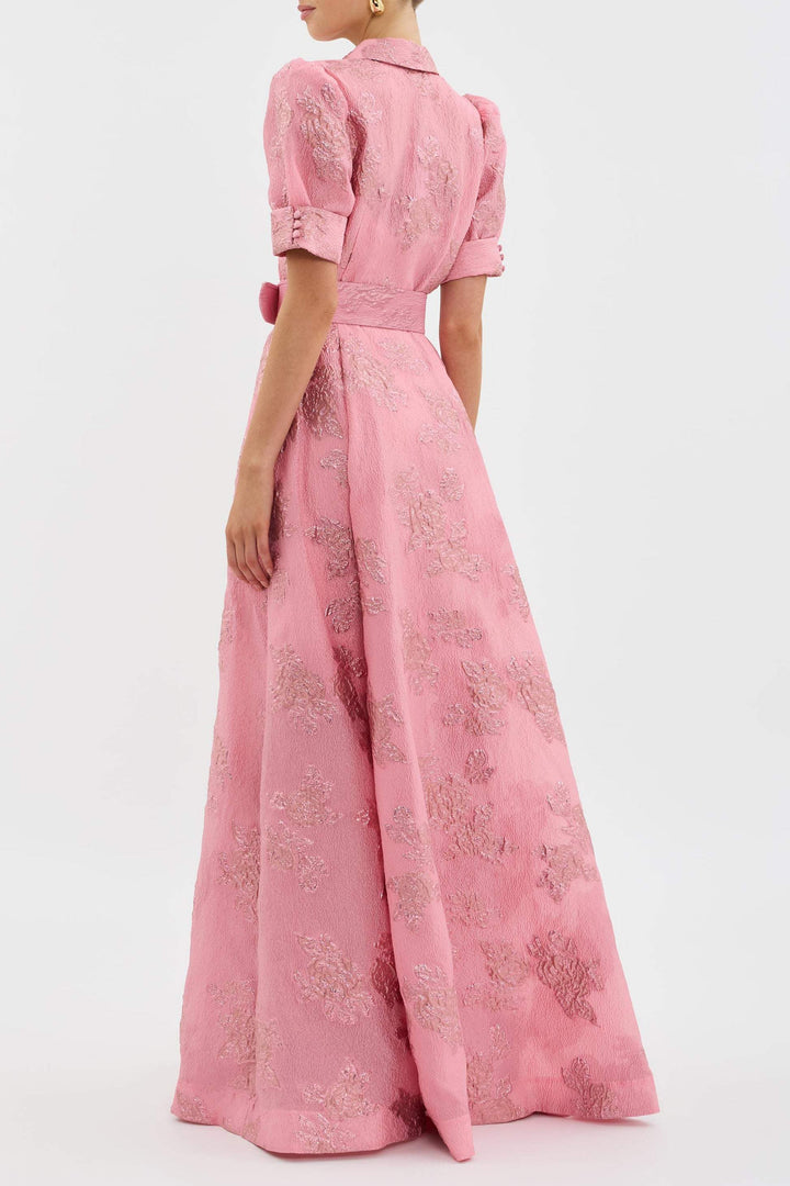 Aven - Retro Rosa Revers Hochtaillenkleid