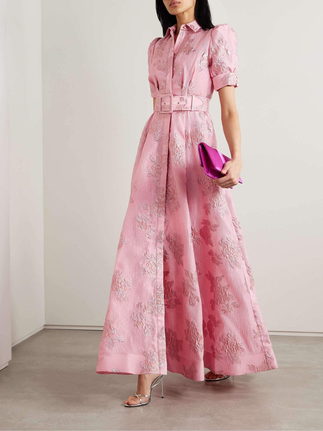Aven - Retro Rosa Revers Hochtaillenkleid