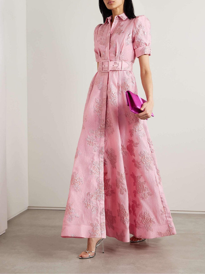Aven - Retro Rosa Revers Hochtaillenkleid