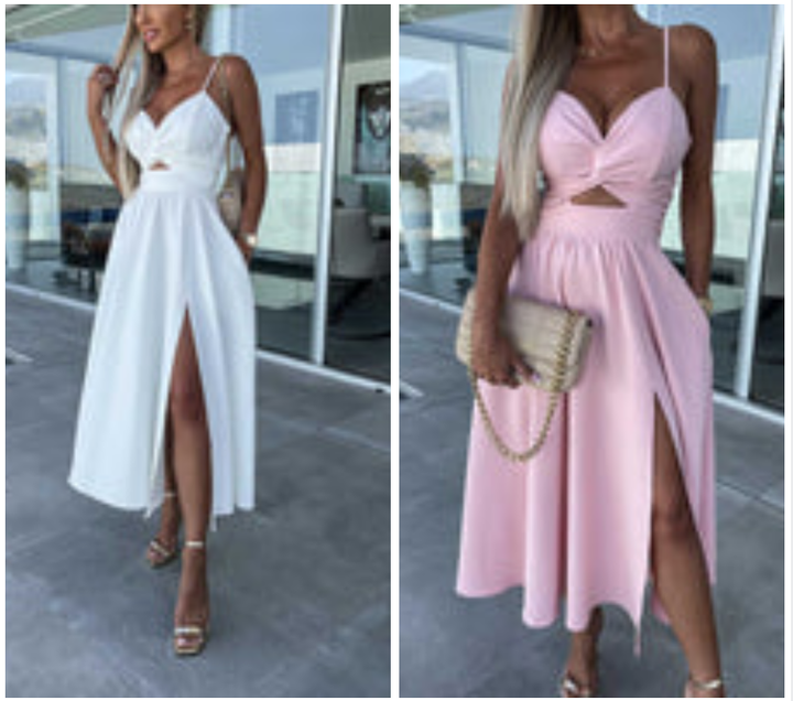 Vanette - Elegantes Midikleid mit schmalen Trägern und Schlitz vorne