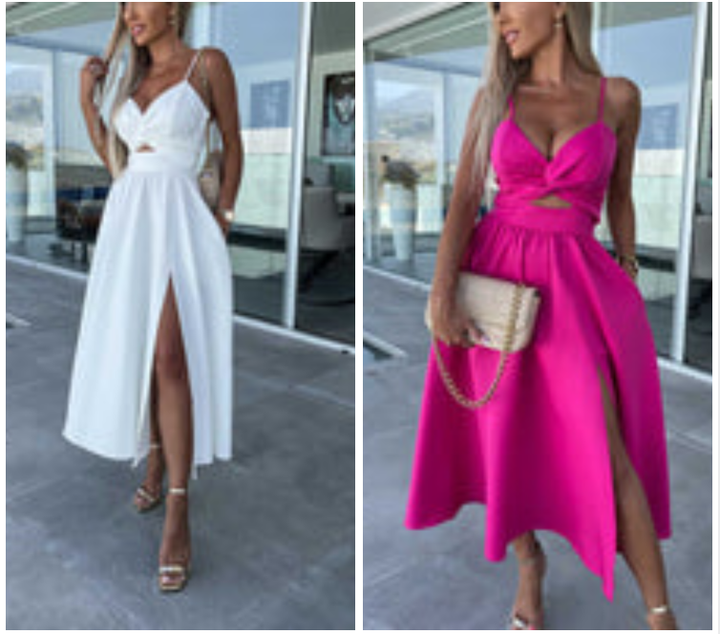 Vanette - Elegantes Midikleid mit schmalen Trägern und Schlitz vorne