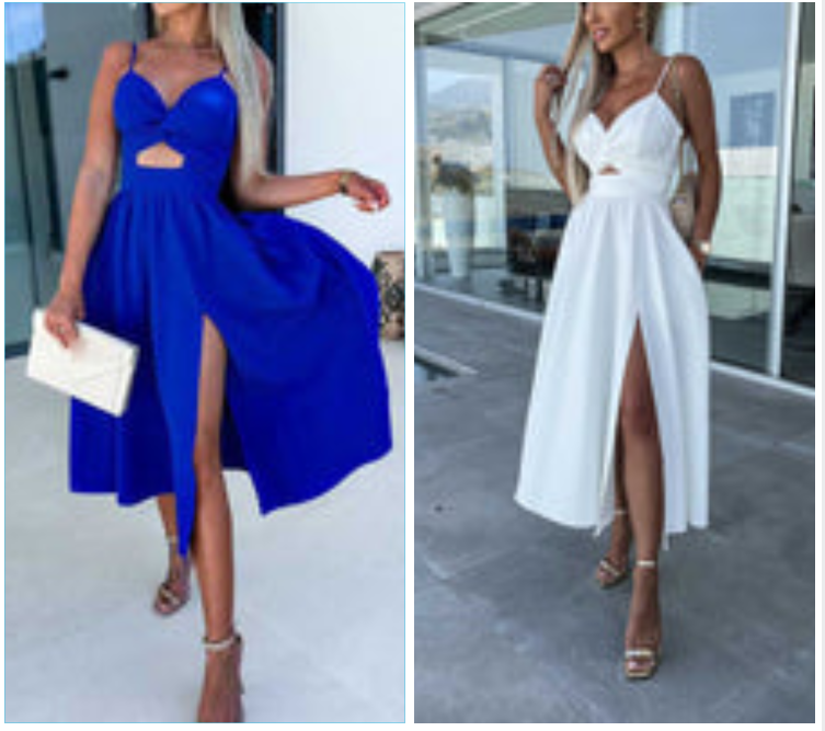 Vanette - Elegantes Midikleid mit schmalen Trägern und Schlitz vorne