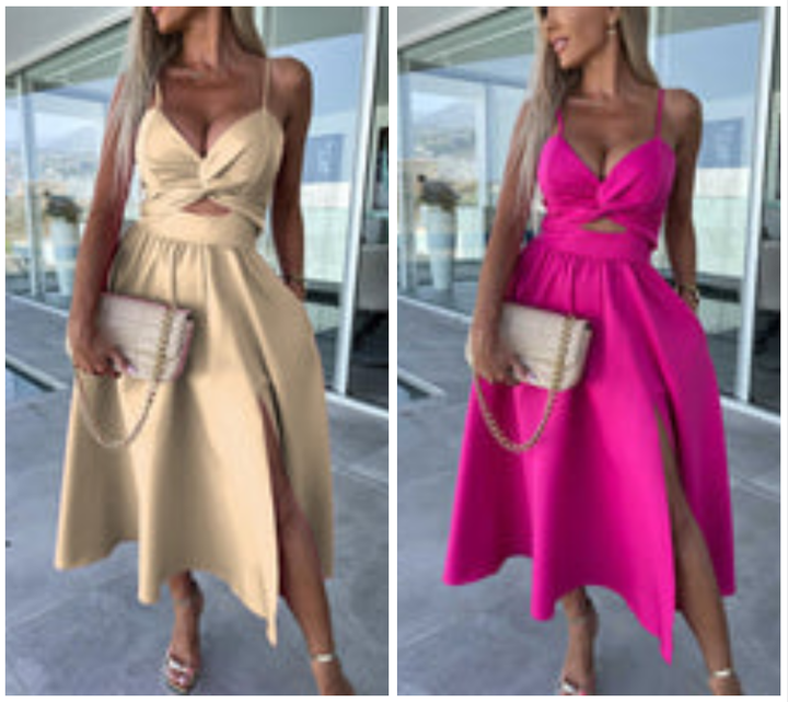 Vanette - Elegantes Midikleid mit schmalen Trägern und Schlitz vorne