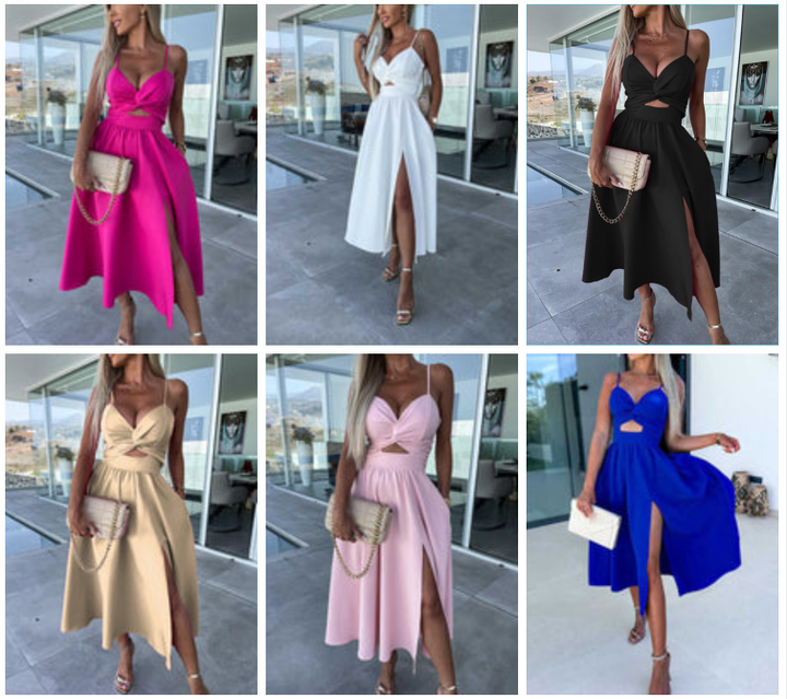 Vanette - Elegantes Midikleid mit schmalen Trägern und Schlitz vorne