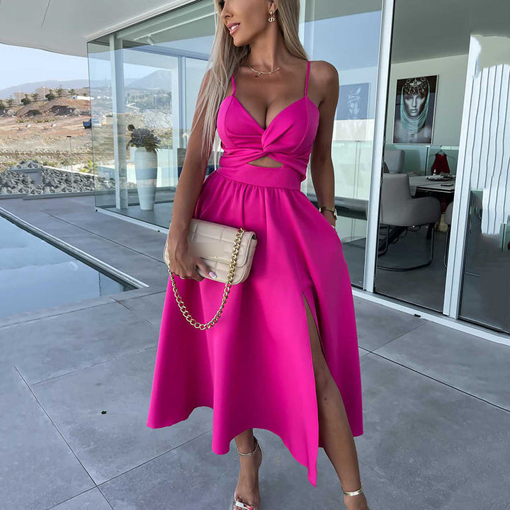 Vanette - Elegantes Midikleid mit schmalen Trägern und Schlitz vorne