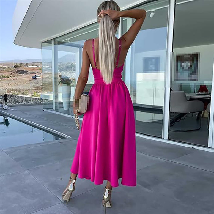 Vanette - Elegantes Midikleid mit schmalen Trägern und Schlitz vorne