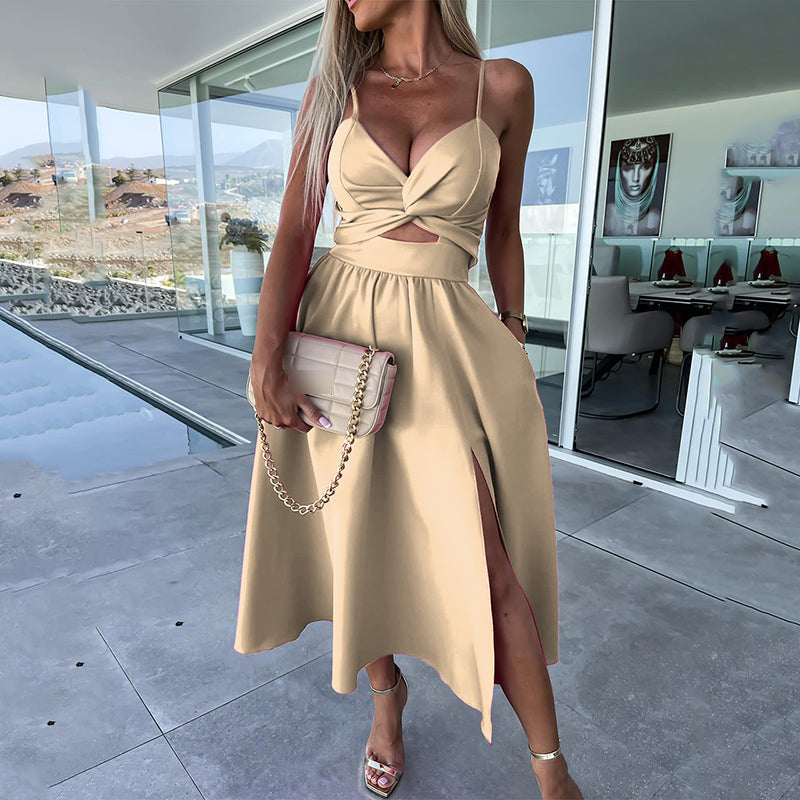 Vanette - Elegantes Midikleid mit schmalen Trägern und Schlitz vorne