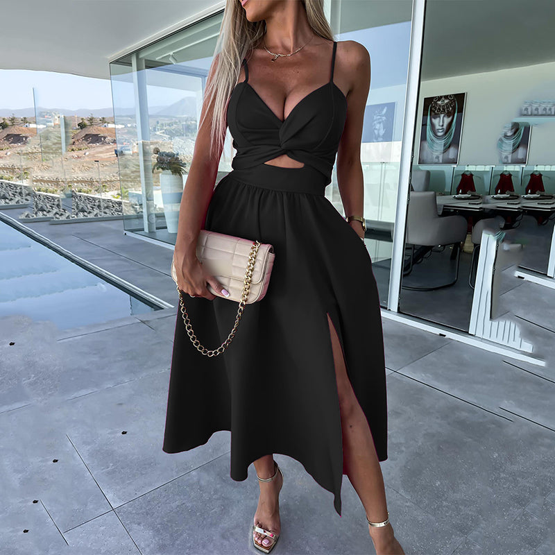 Vanette - Elegantes Midikleid mit schmalen Trägern und Schlitz vorne