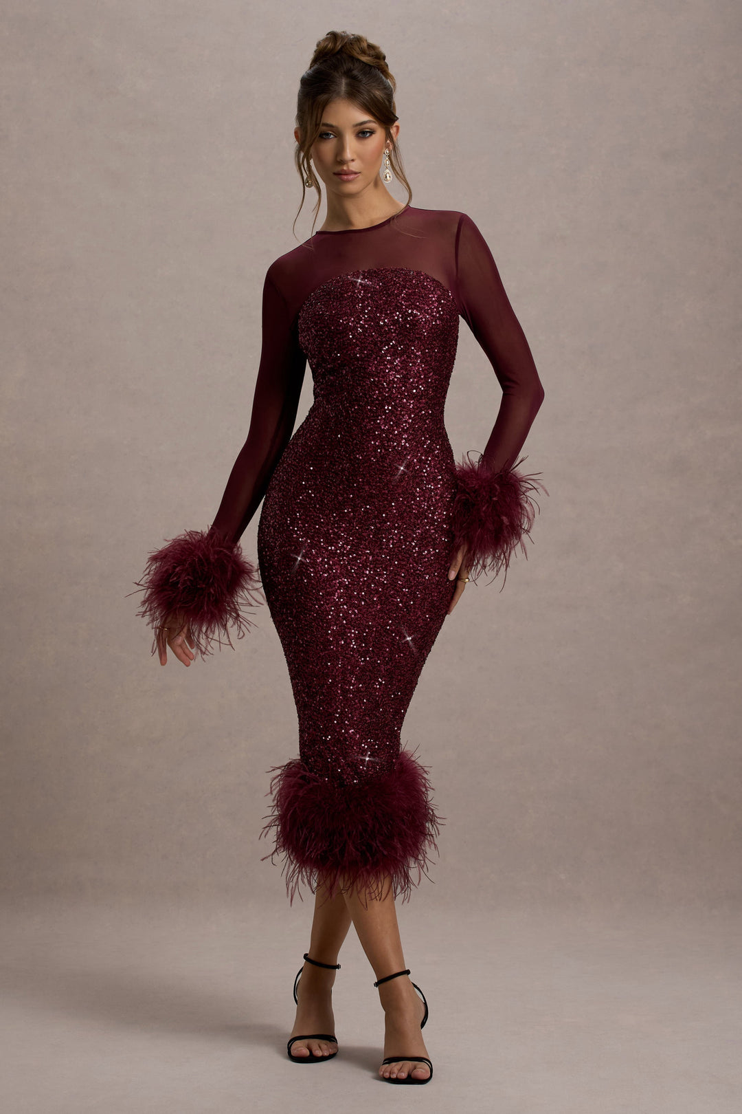 Brand & Belle | Pailletten-Feather Trim Midi-Kleid