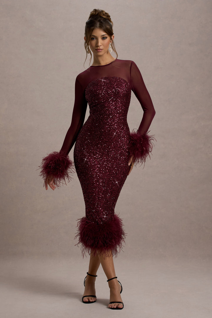 Brand & Belle | Pailletten-Feather Trim Midi-Kleid